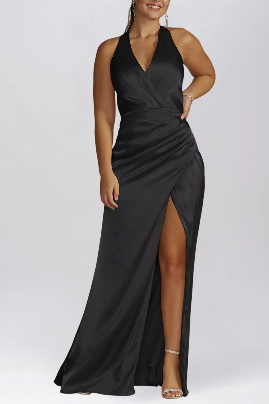 Stretch Satin Column V-Neck Sleeveless Bridesmaid Dress-B19803
