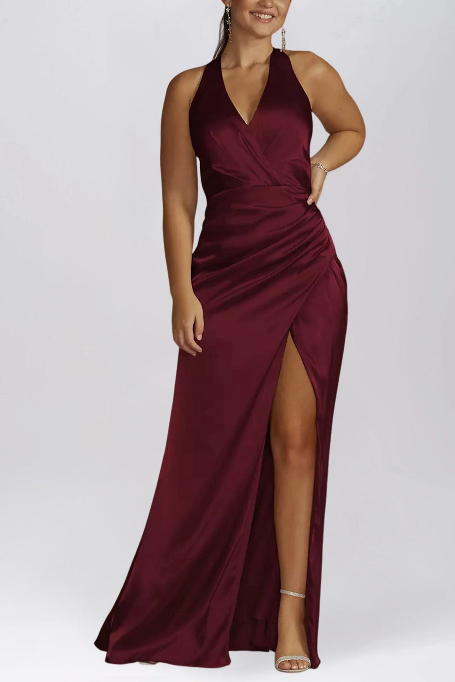 Stretch Satin Column V-Neck Sleeveless Bridesmaid Dress-B19803
