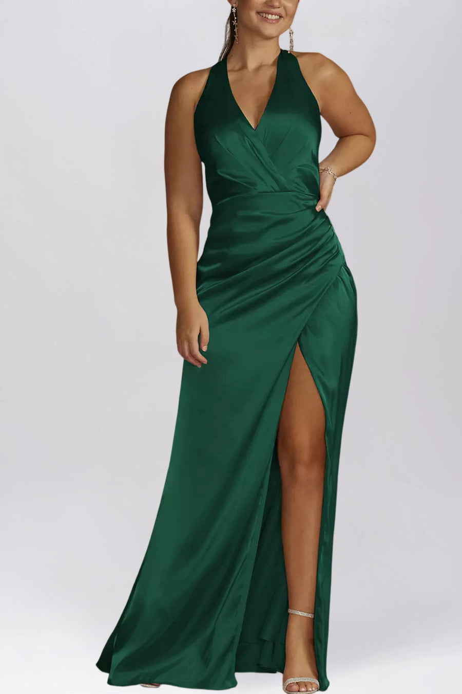 Stretch Satin Column V-Neck Sleeveless Bridesmaid Dress-B19803