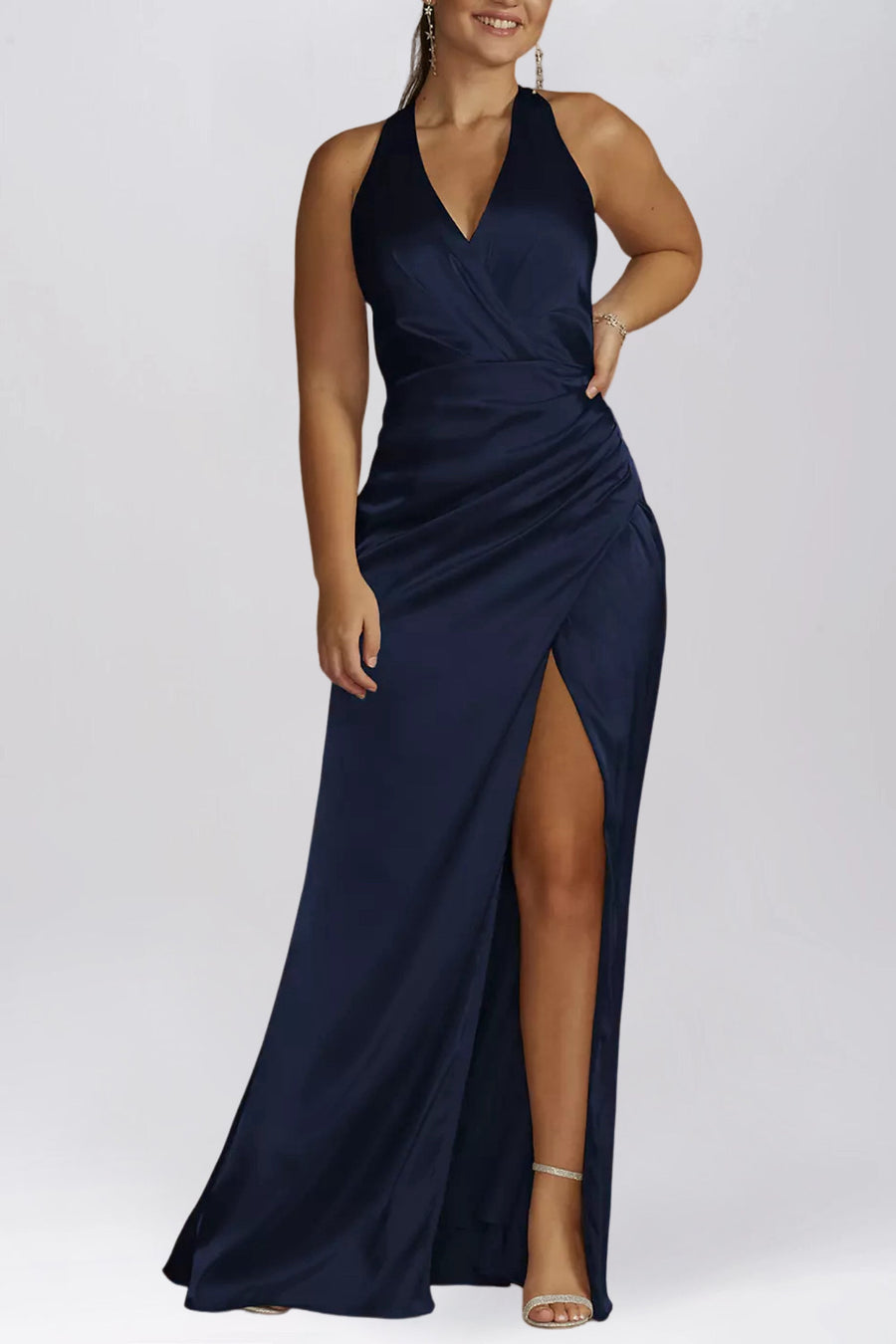Stretch Satin Column V-Neck Sleeveless Bridesmaid Dress-B19803