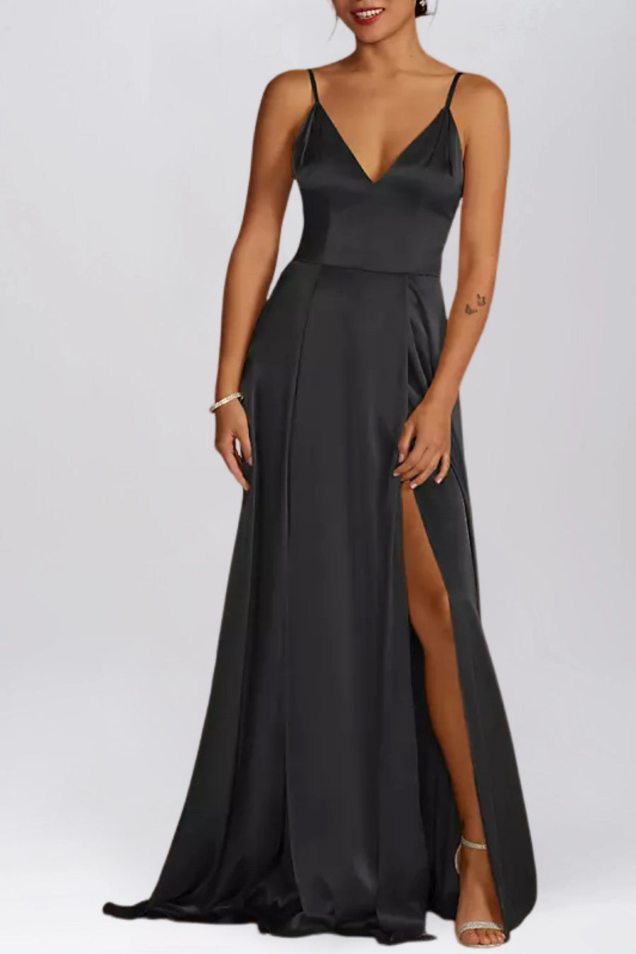 Stretch Satin A-Line V-Neck Sleeveless Bridesmaid Dress-B19804