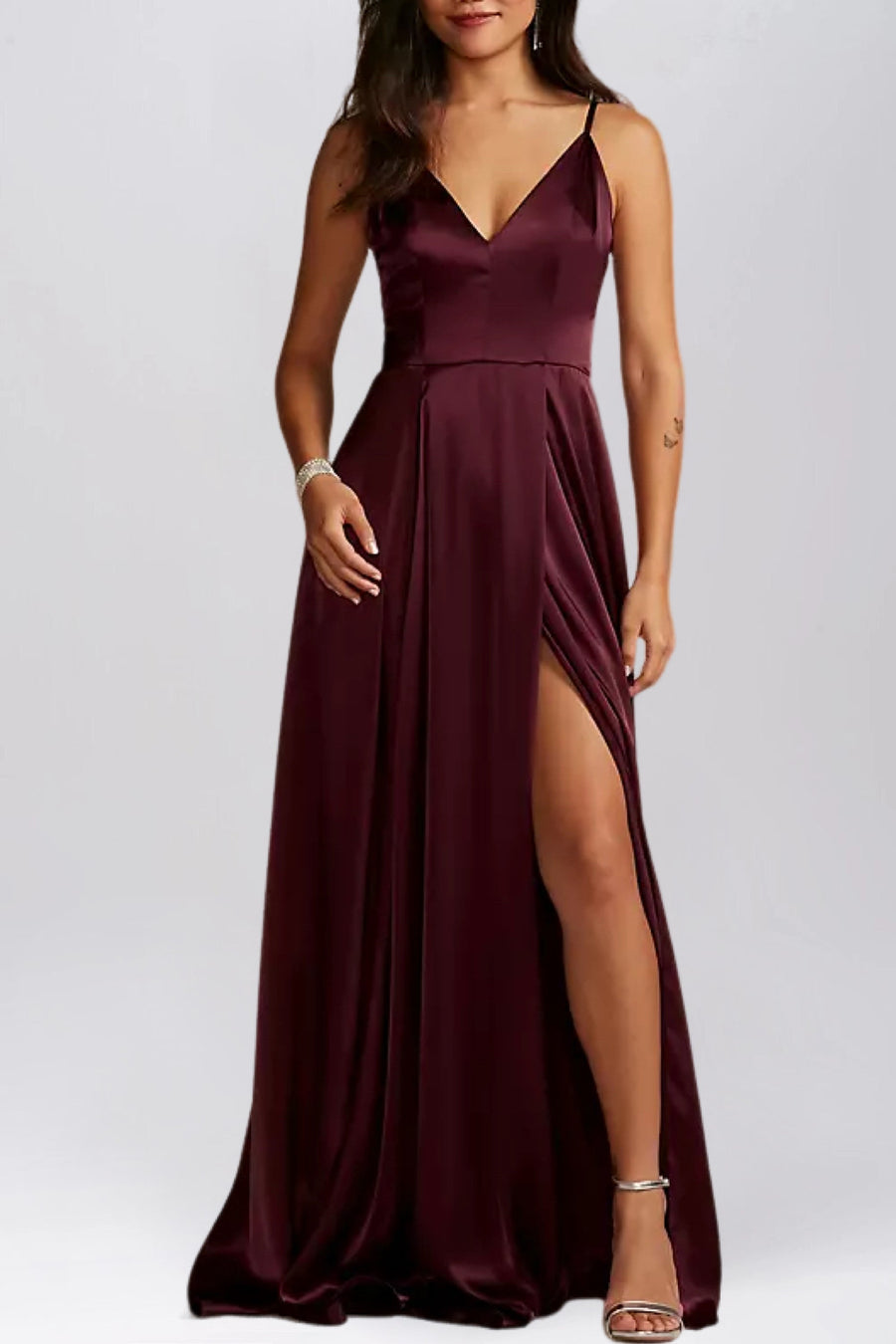 Stretch Satin A-Line V-Neck Sleeveless Bridesmaid Dress-B19804