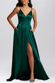 Stretch Satin A-Line V-Neck Sleeveless Bridesmaid Dress-B19804