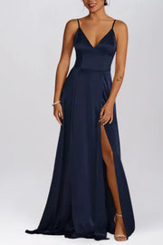 Stretch Satin A-Line V-Neck Sleeveless Bridesmaid Dress-B19804