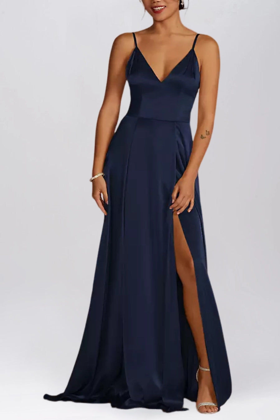 Stretch Satin A-Line V-Neck Sleeveless Bridesmaid Dress-B19804