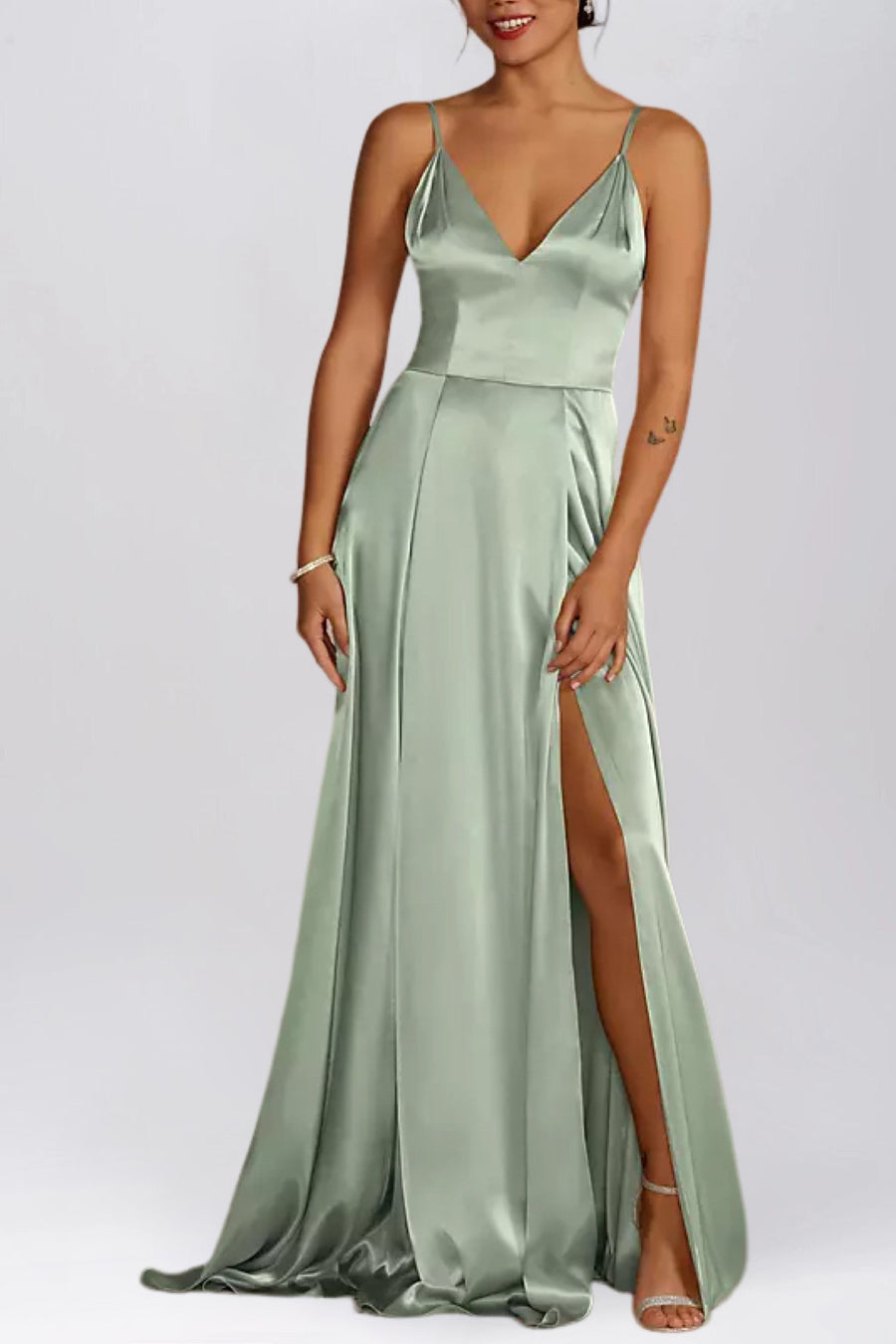 Stretch Satin A-Line V-Neck Sleeveless Bridesmaid Dress-B19804
