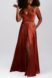 Stretch Satin A-Line V-Neck Sleeveless Bridesmaid Dress-B19804
