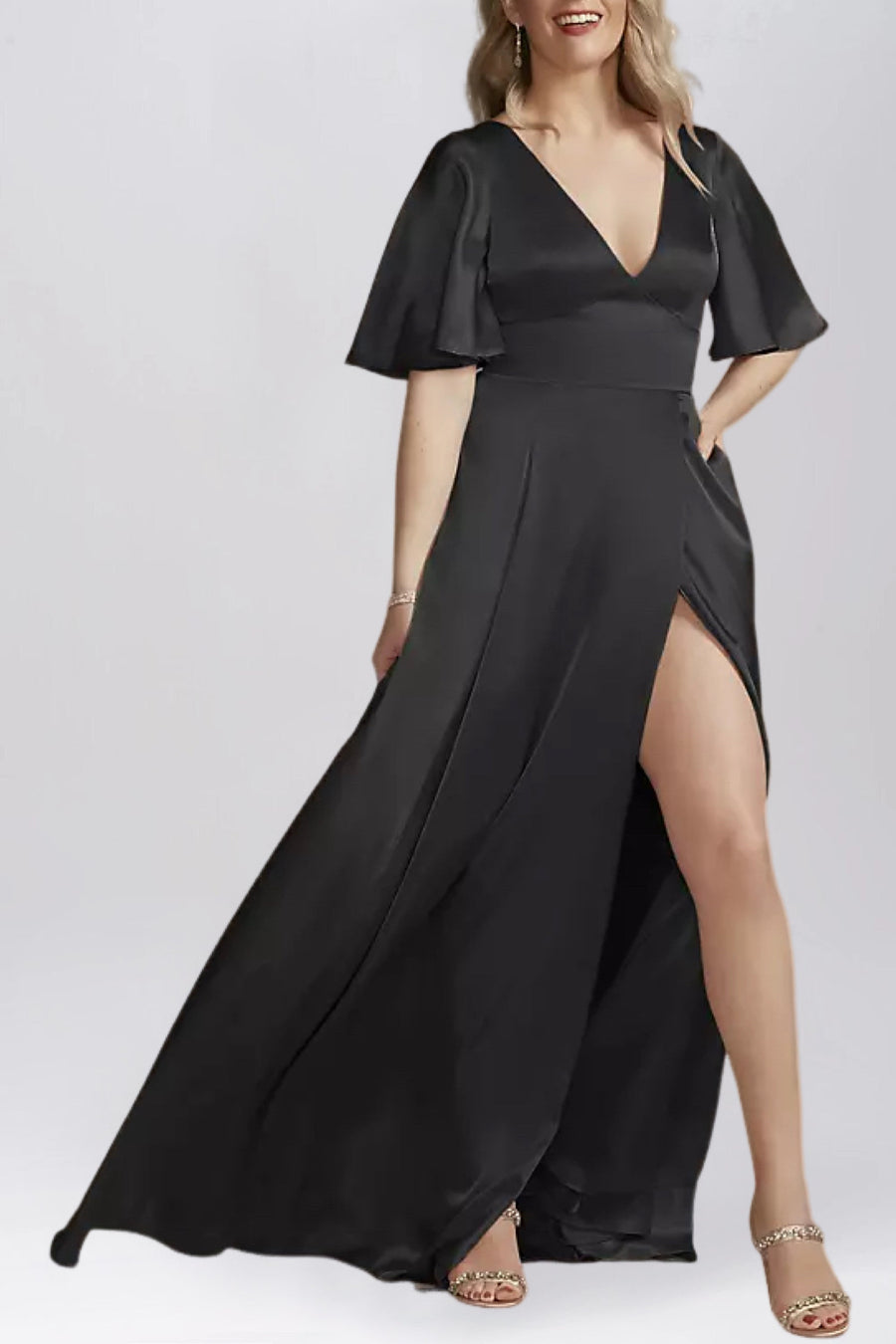 Stretch Satin A-Line V-Neck Half Sleeves Bridesmaid Dress-B19805