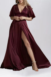 Stretch Satin A-Line V-Neck Half Sleeves Bridesmaid Dress-B19805