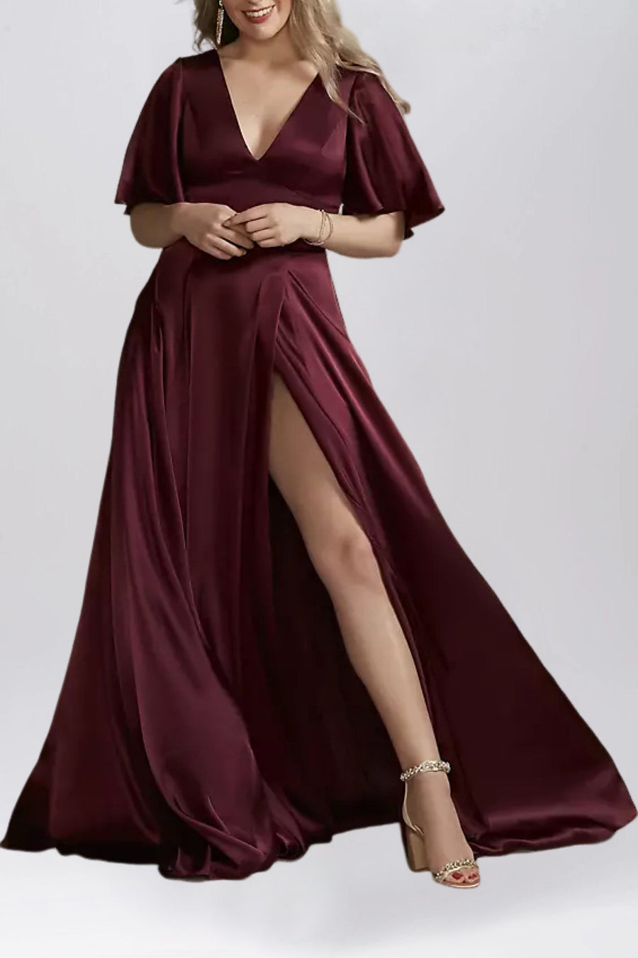 Stretch Satin A-Line V-Neck Half Sleeves Bridesmaid Dress-B19805