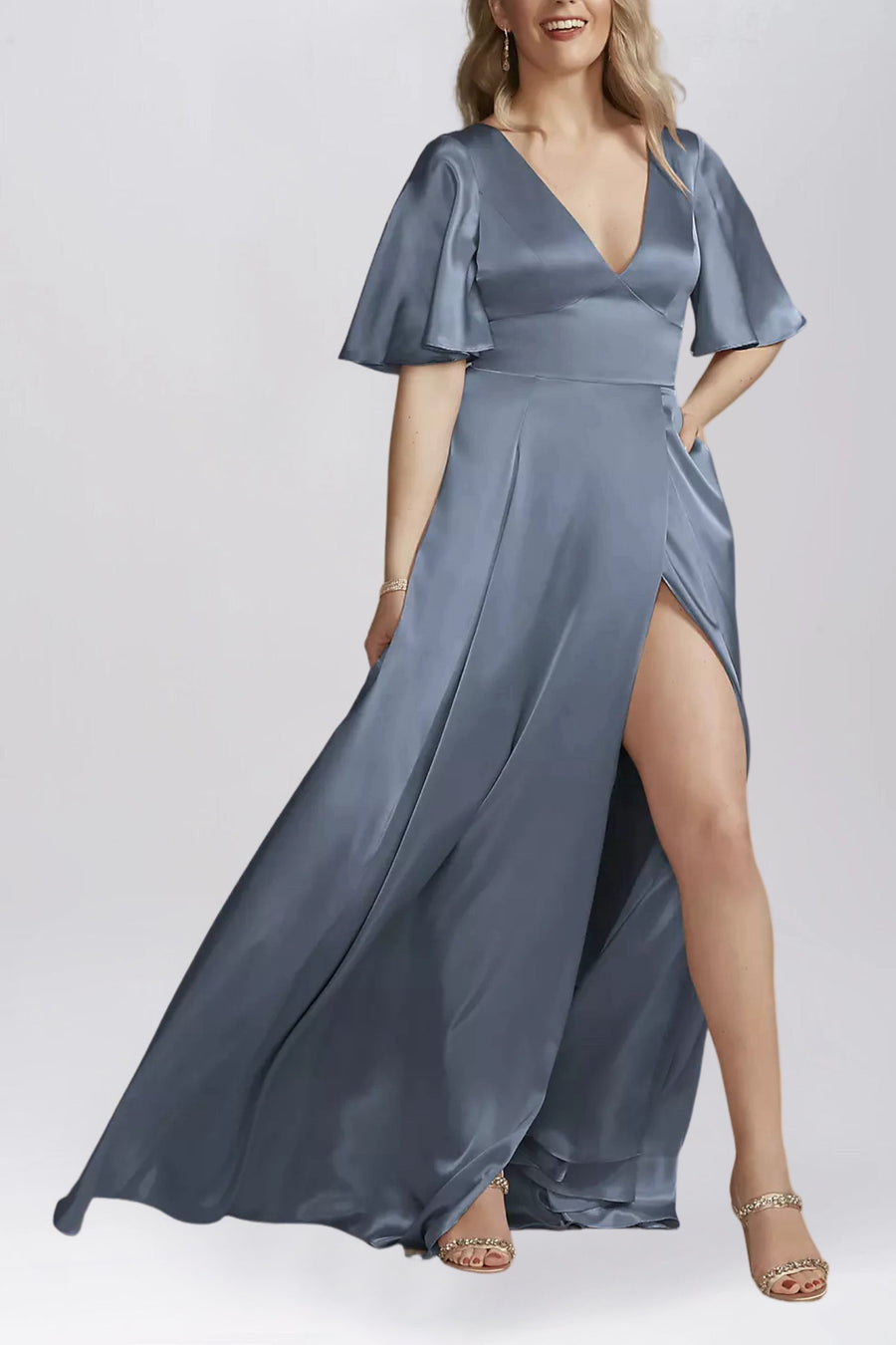 Stretch Satin A-Line V-Neck Half Sleeves Bridesmaid Dress-B19805