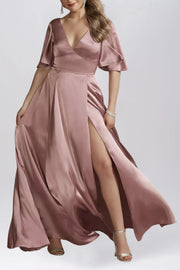 Stretch Satin A-Line V-Neck Half Sleeves Bridesmaid Dress-B19805