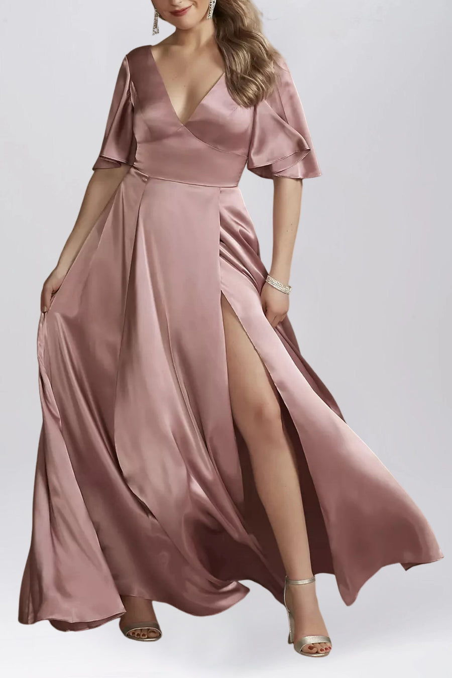 Stretch Satin A-Line V-Neck Half Sleeves Bridesmaid Dress-B19805