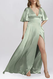 Stretch Satin A-Line V-Neck Half Sleeves Bridesmaid Dress-B19805