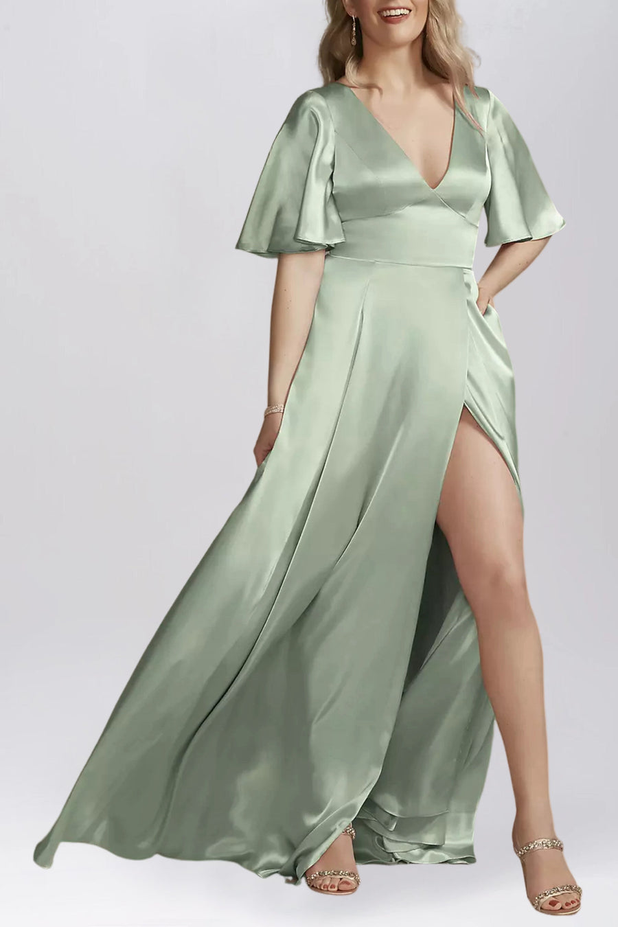 Stretch Satin A-Line V-Neck Half Sleeves Bridesmaid Dress-B19805