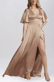 Stretch Satin A-Line V-Neck Half Sleeves Bridesmaid Dress-B19805