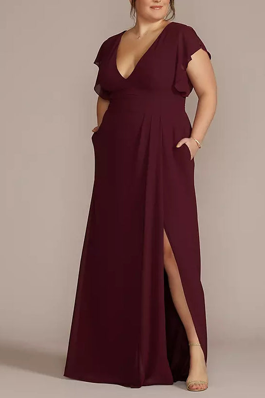 Chiffon A-Line V-Neck Half Sleeves Bridesmaid Dress-B19807