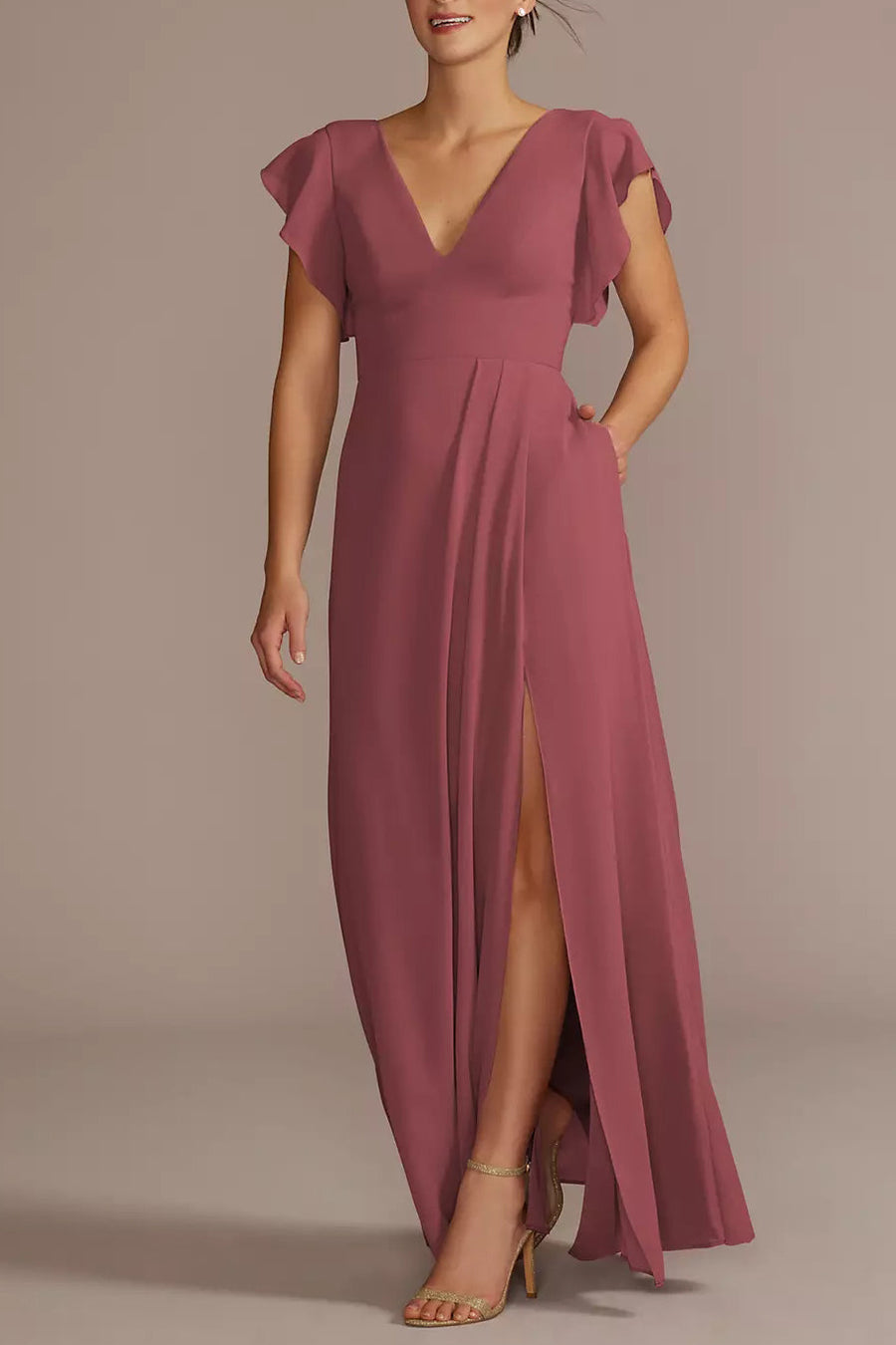 Chiffon A-Line V-Neck Half Sleeves Bridesmaid Dress-B19807