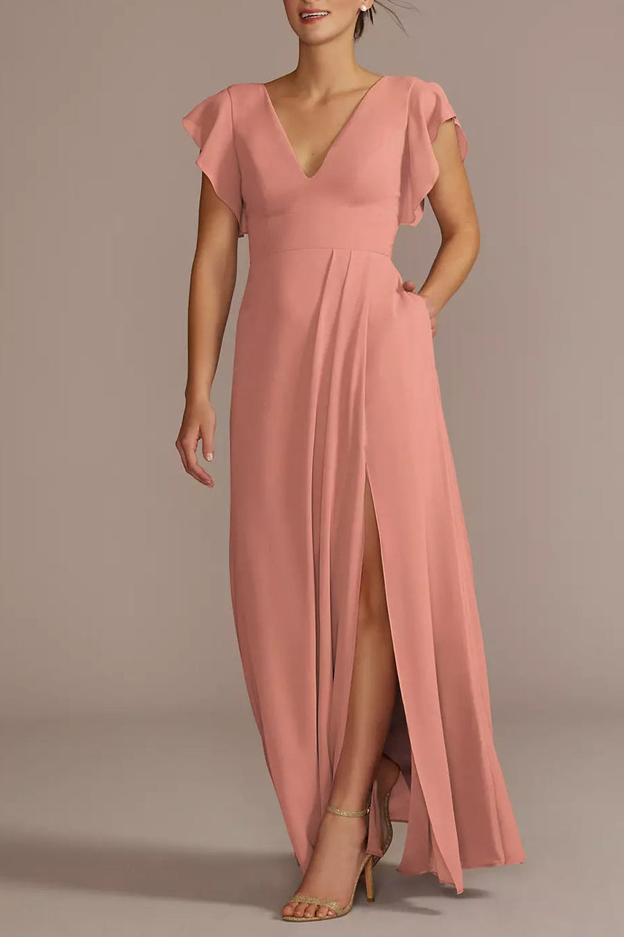 Chiffon A-Line V-Neck Half Sleeves Bridesmaid Dress-B19807