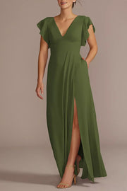 Chiffon A-Line V-Neck Half Sleeves Bridesmaid Dress-B19807