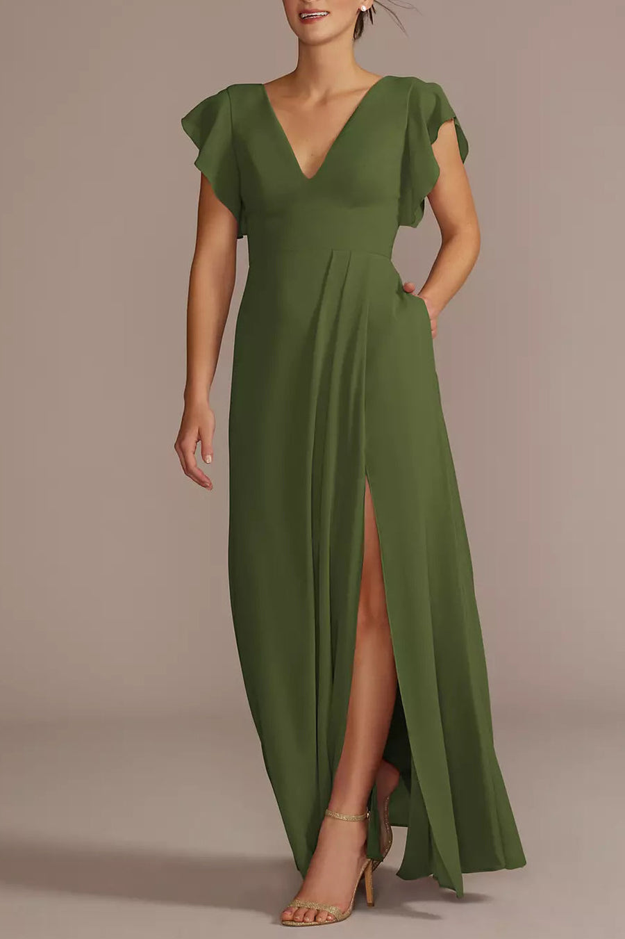 Chiffon A-Line V-Neck Half Sleeves Bridesmaid Dress-B19807