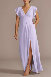 Chiffon A-Line V-Neck Half Sleeves Bridesmaid Dress-B19807