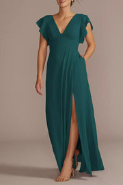 Chiffon A-Line V-Neck Half Sleeves Bridesmaid Dress-B19807