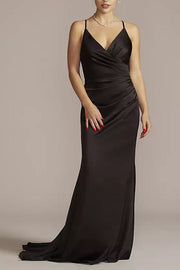 Stretch Satin Column V-Neck Sleeveless Bridesmaid Dress-B19809