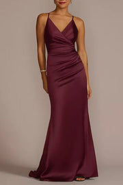 Stretch Satin Column V-Neck Sleeveless Bridesmaid Dress-B19809