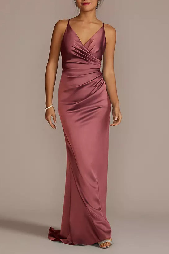 Stretch Satin Column V-Neck Sleeveless Bridesmaid Dress-B19809