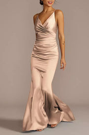 Stretch Satin Column V-Neck Sleeveless Bridesmaid Dress-B19809