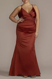 Stretch Satin Column V-Neck Sleeveless Bridesmaid Dress-B19809
