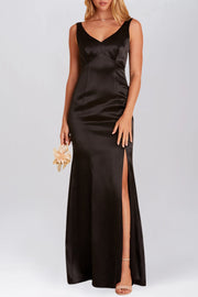 Stretch Satin Column V-Neck Sleeveless Bridesmaid Dress-B19810