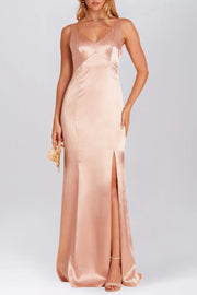 Stretch Satin Column V-Neck Sleeveless Bridesmaid Dress-B19810