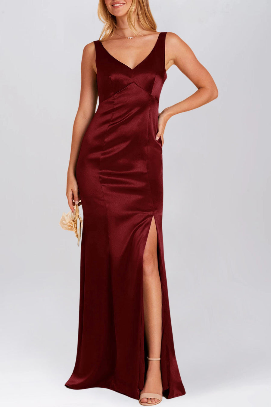 Stretch Satin Column V-Neck Sleeveless Bridesmaid Dress-B19810