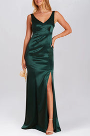 Stretch Satin Column V-Neck Sleeveless Bridesmaid Dress-B19810
