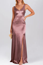 Stretch Satin Column V-Neck Sleeveless Bridesmaid Dress-B19810