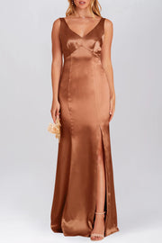Stretch Satin Column V-Neck Sleeveless Bridesmaid Dress-B19810