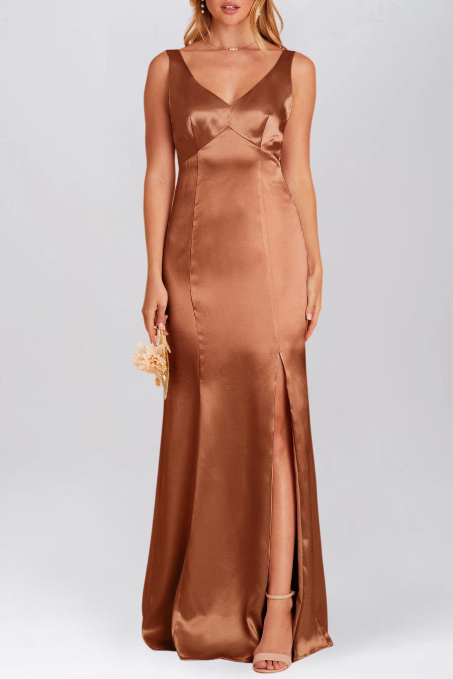 Stretch Satin Column V-Neck Sleeveless Bridesmaid Dress-B19810