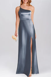 Stretch Satin Column One Shoulder Sleeveless Bridesmaid Dress-B19811