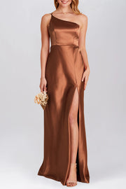 Stretch Satin Column One Shoulder Sleeveless Bridesmaid Dress-B19811