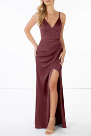 Stretch Satin Column V-Neck Sleeveless Bridesmaid Dress-B19812