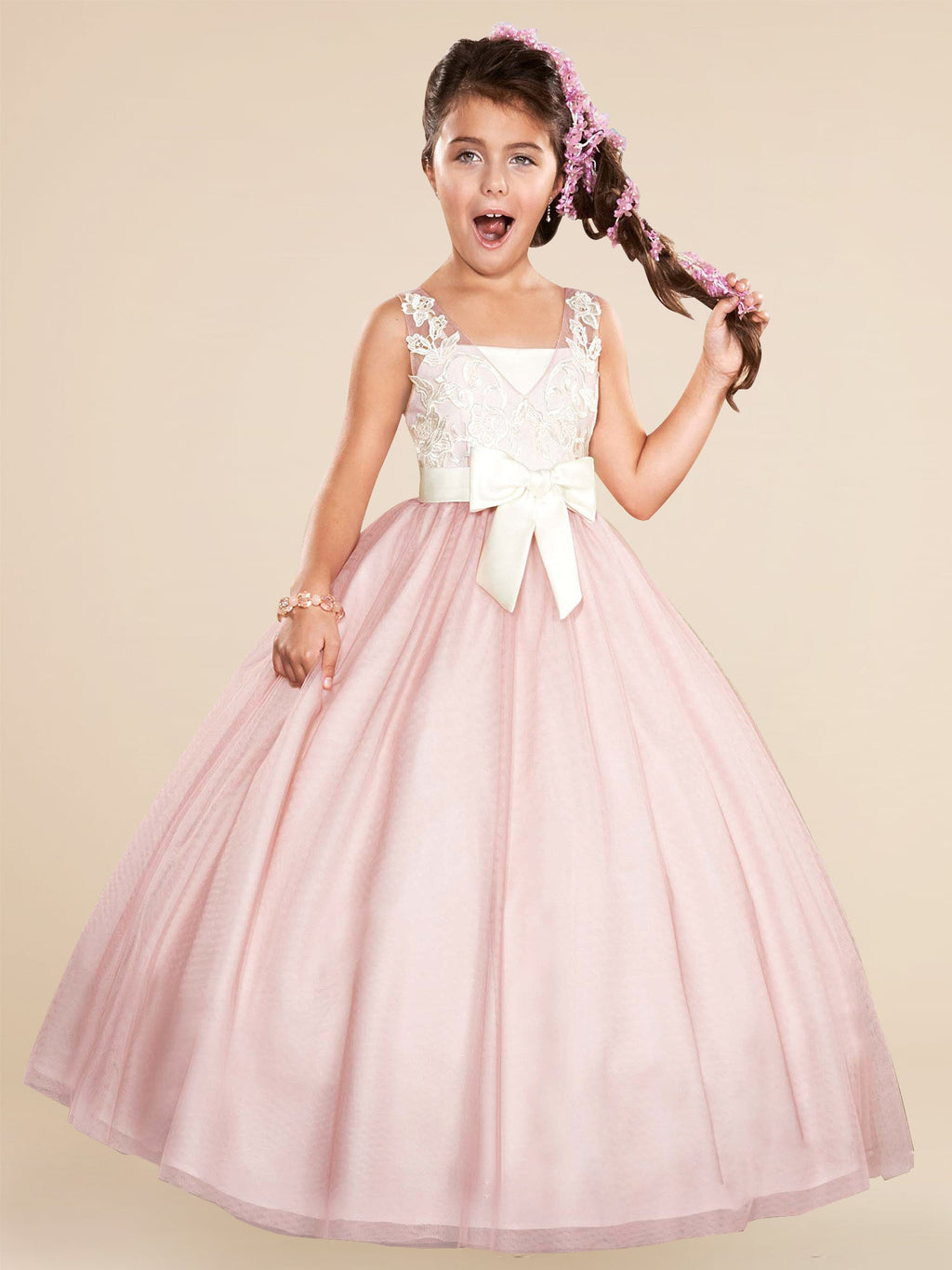 V Neck Sleeveless Flower Girl Dress in Tulle