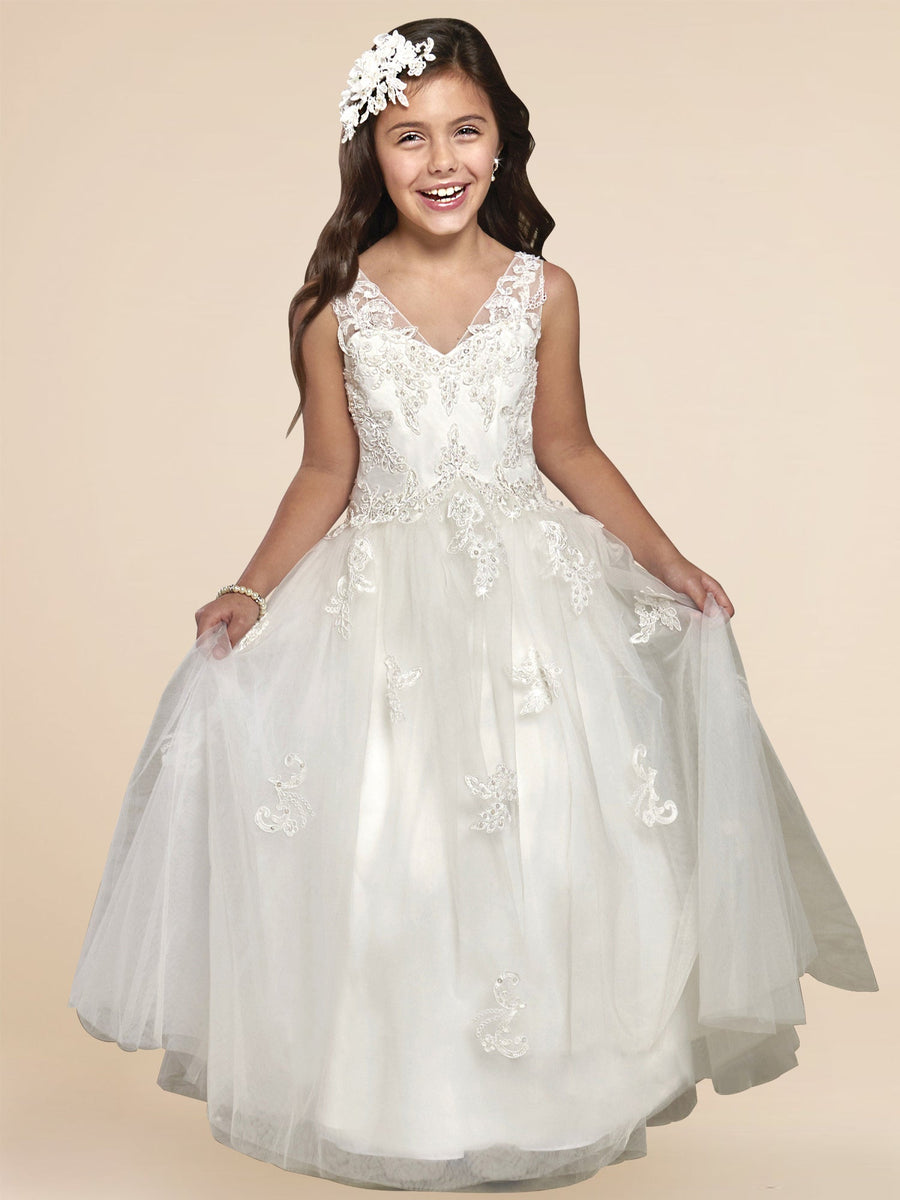 Lace A-Line V-Neck Sleeveless Flower Girl Dress-B500002