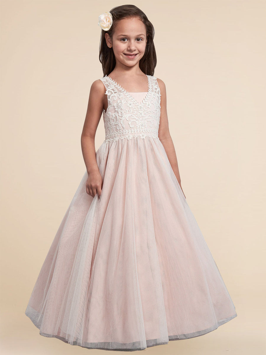 Lace A-Line V-Neck Sleeveless Flower Girl Dress-B500015