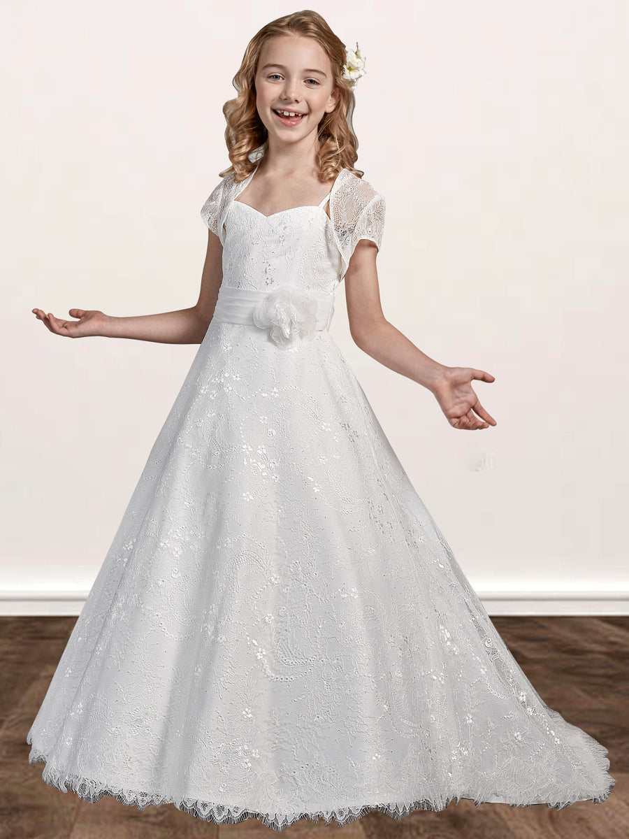 Lace A-Line Spaghetti Straps Sleeveless Flower Girl Dress-B500023