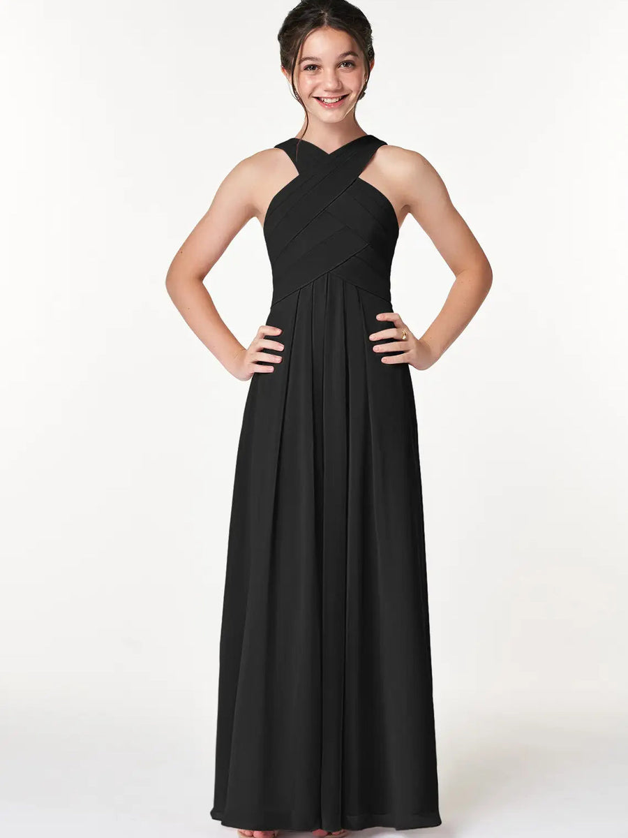 Chiffon A-Line Criss Cross Straps Sleeveless Junior Dress-BJ00006