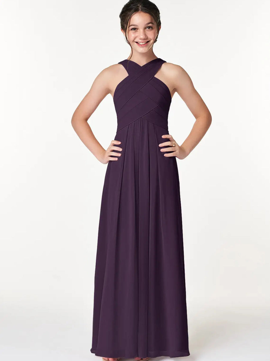 Chiffon A-Line Criss Cross Straps Sleeveless Junior Dress-BJ00006