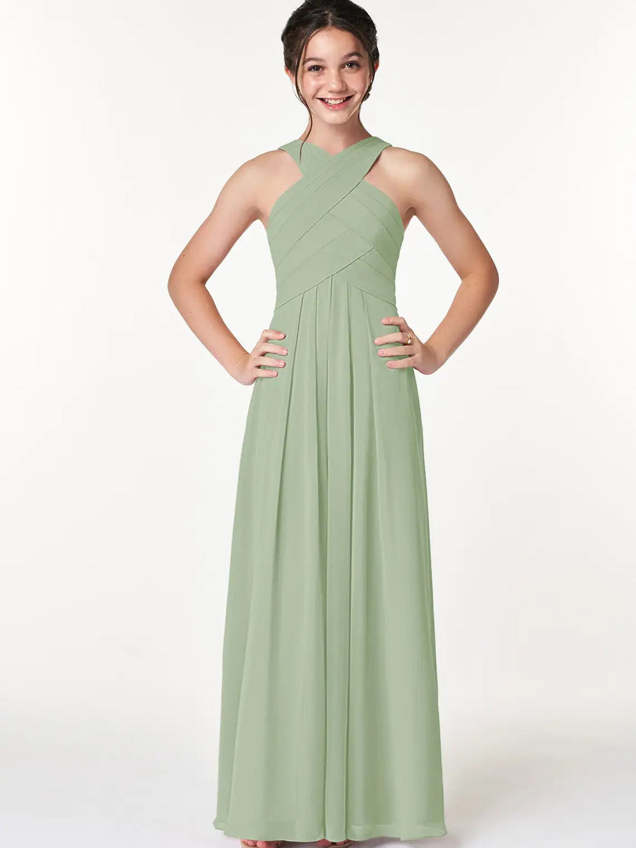 Chiffon A-Line Criss Cross Straps Sleeveless Junior Dress-BJ00006