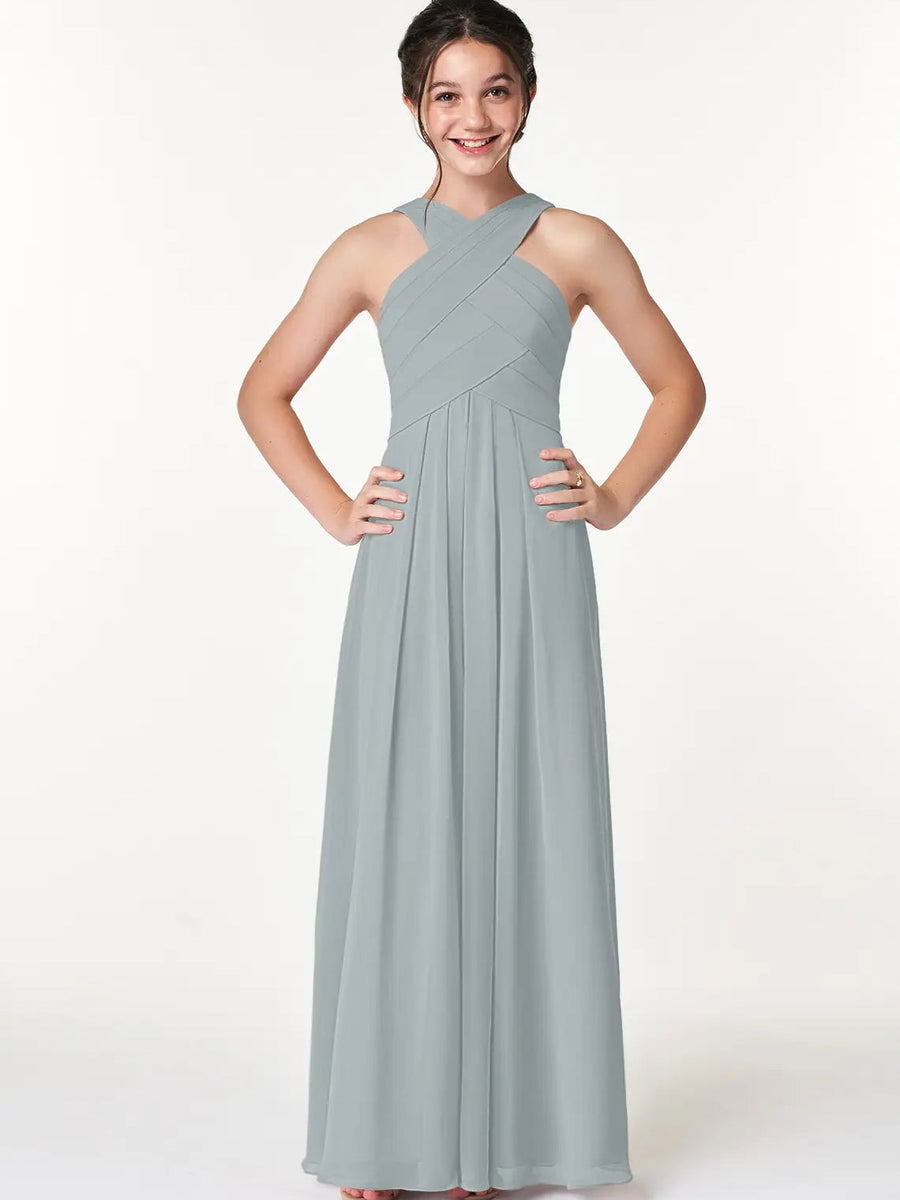 Chiffon A-Line Criss Cross Straps Sleeveless Junior Dress-BJ00006